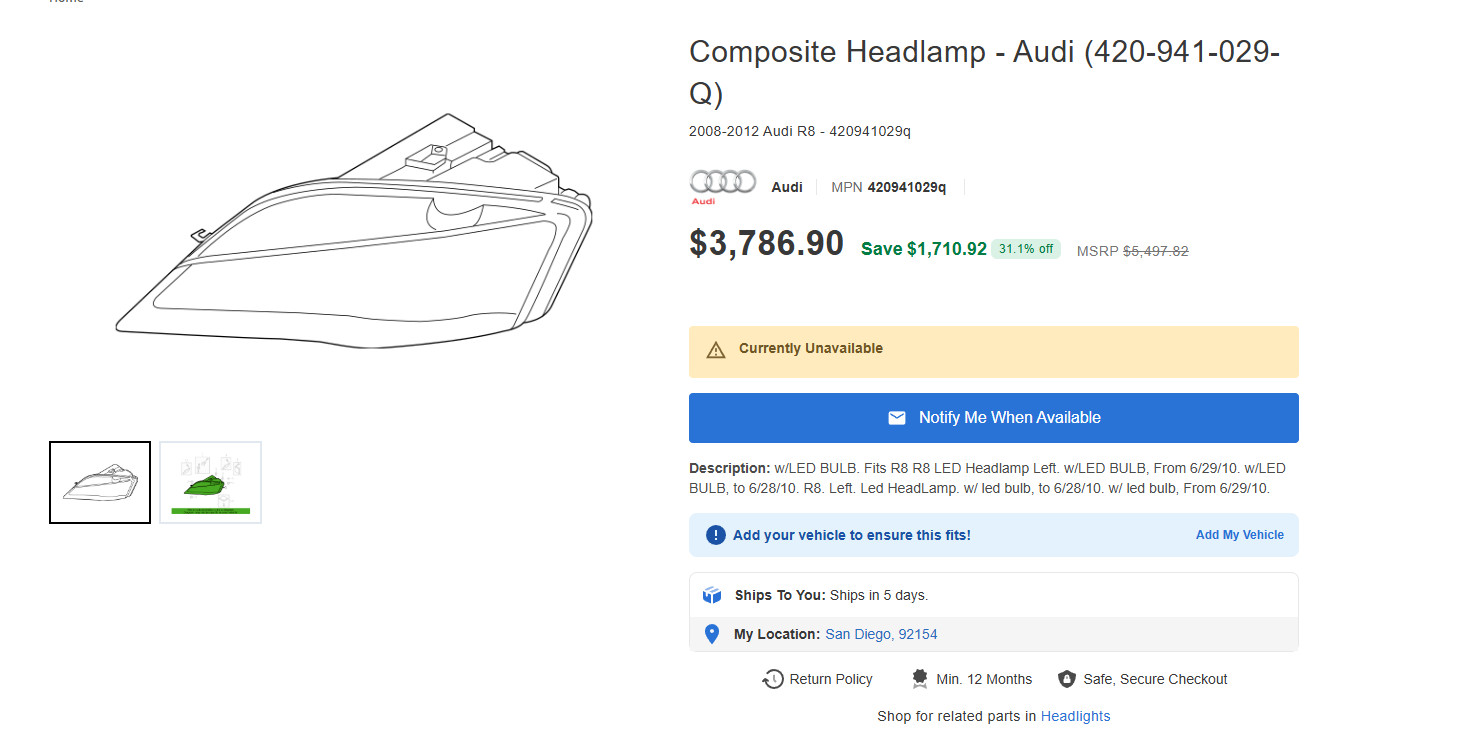 Audi R8 2008-2012 Left Headlight