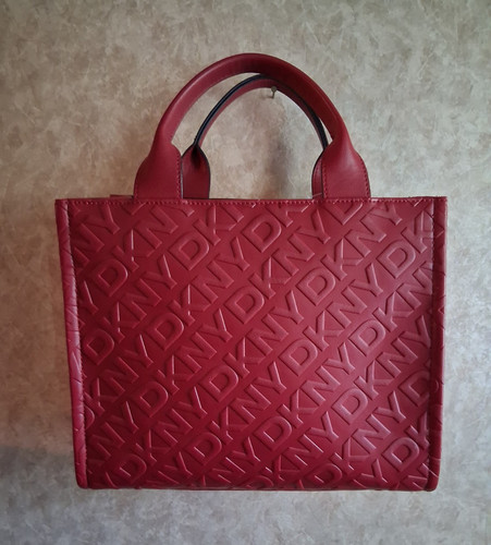 DKNY Red Embossed Logo Medium Tote Bag With Out Shoulder Strap.