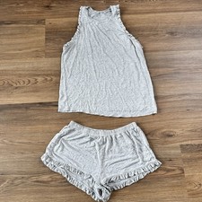 Eberjey Ruthie Caravan Gray Pajama Set Womens XS Sleeveless Ruffle Tank Shorts