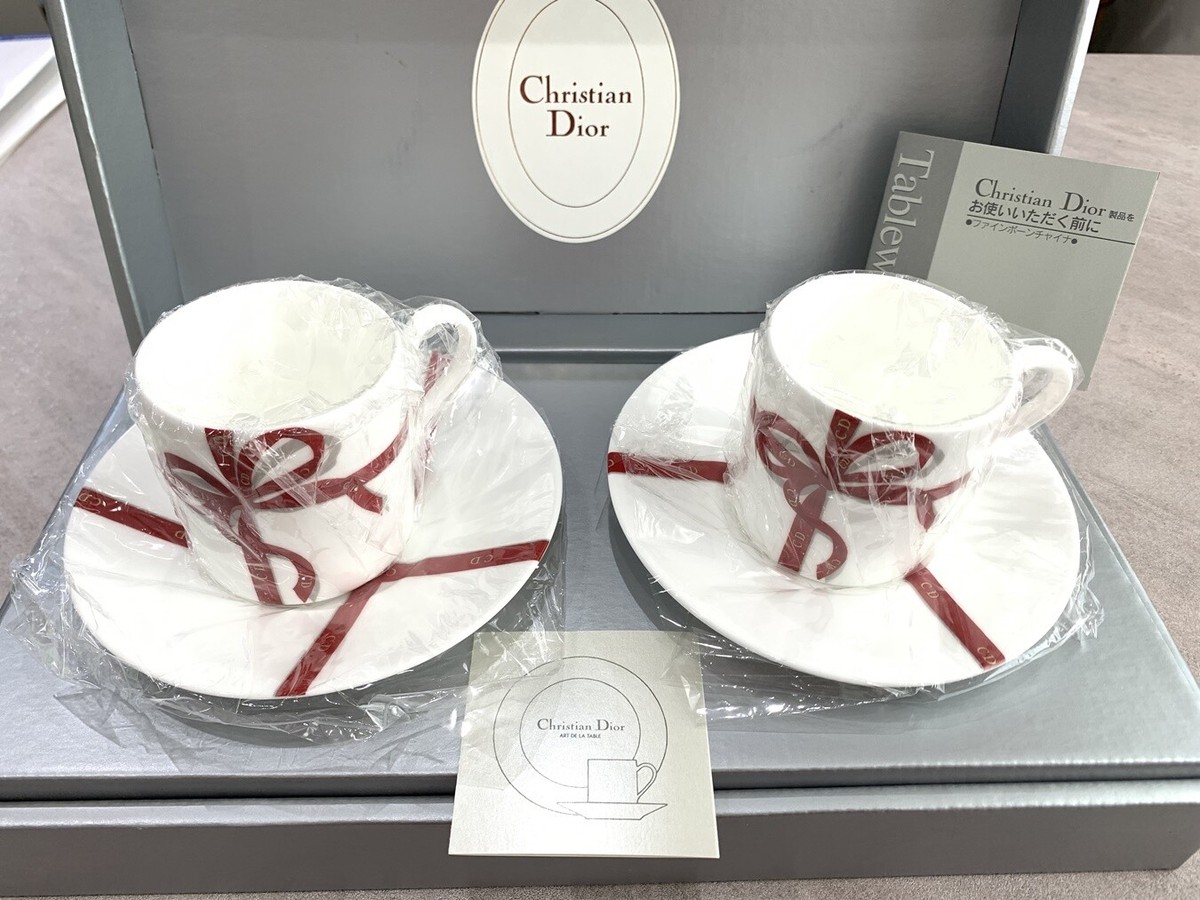 NEW Christian Dior Cup & Saucer Pair Set Red Ribbon Bone China | eBay
