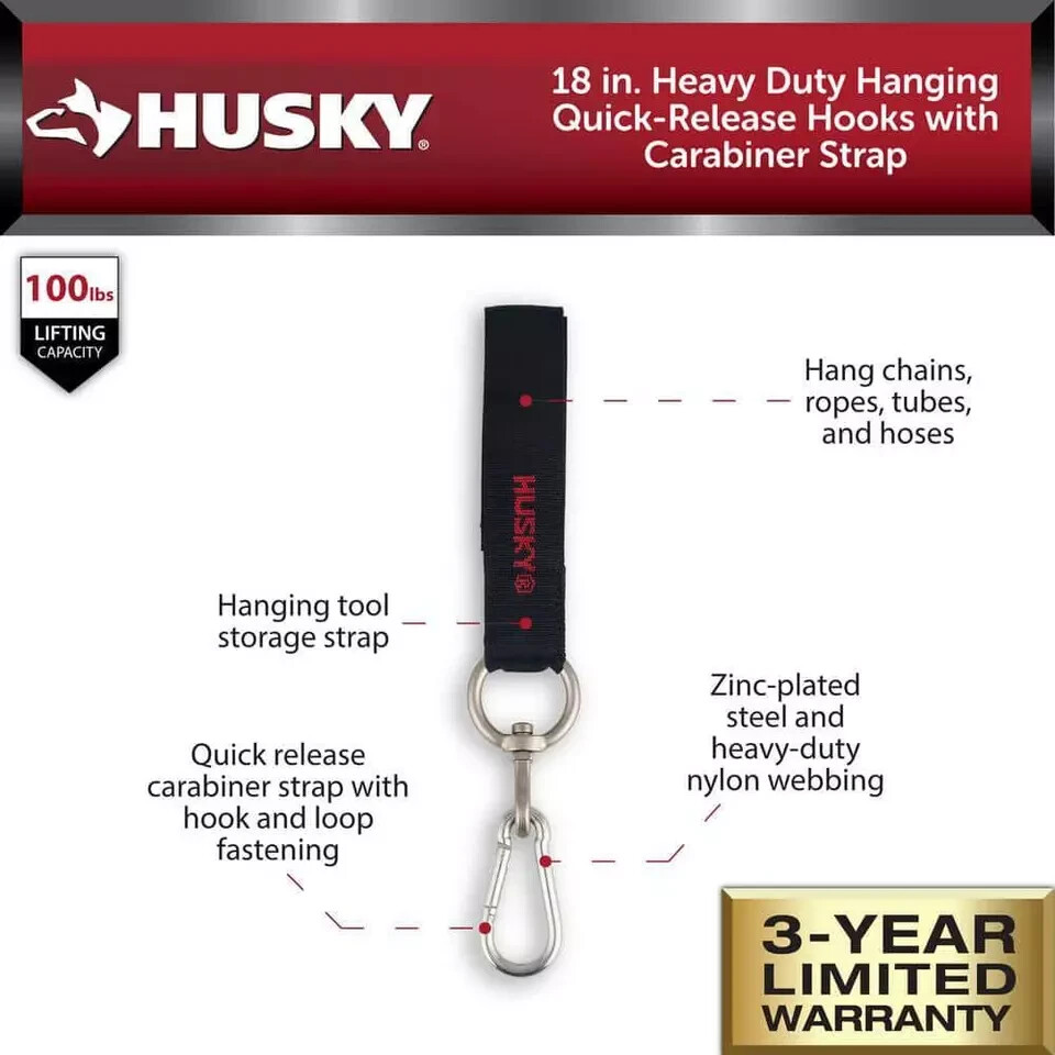 18 in. Heavy Duty Hanging Carabiner Strap Zinc- Plated Steel with Quick-Release Hooks and Loop Fastening in Black 18 in. Heavy Duty Hanging Carabiner Strap Zinc- Plated Steel with Quick-Release Hooks and Loop Fastening in Black