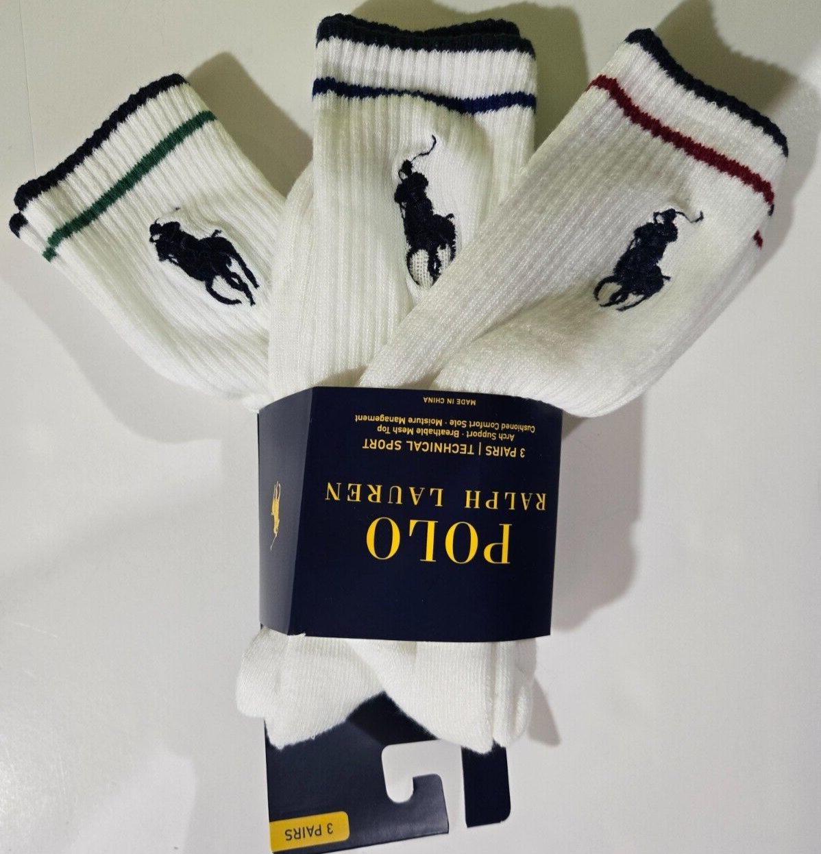 Calze Polo Ralph Lauren uomo Crew bianche multi con grande pony confezione da 3 10 13 nuove con etichette