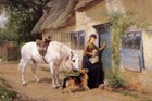 THE VISITOR WHITE HORSE DOG LADY FARM COTTAGE BY GEORGE AUGUSTUS HOLMES REPRO