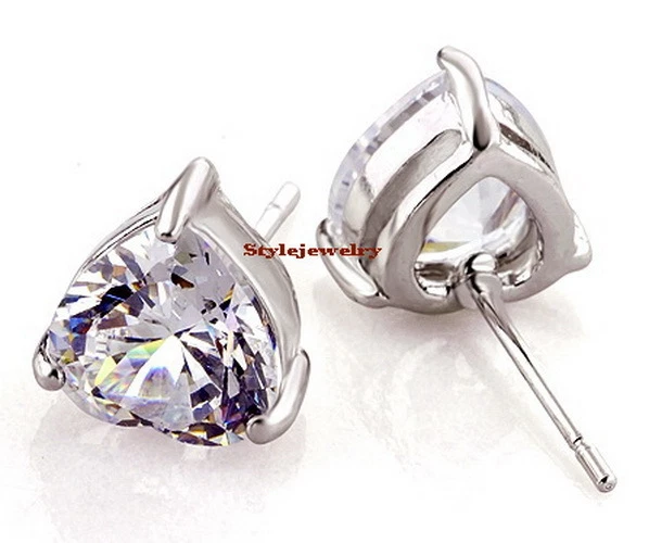 Silver Rhodium Plated Women Bridal Wedding Crystals Heart Stud Earring IE88 Foto 3 de 4