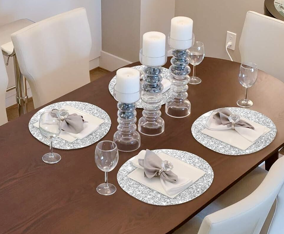 Set 6 Round Silver Sparkly Glittery 40cm Placemats Table Mats Bling Christmas eBay
