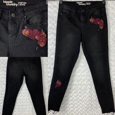 Hippie Laundry Black Mid Rise Skinny Jeans W/ Rose Embroidery