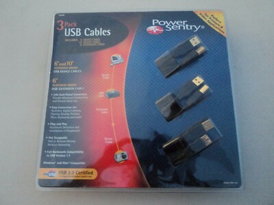 New Sealed Power Sentry 3 Pack USB Device Cables 102028 NIP