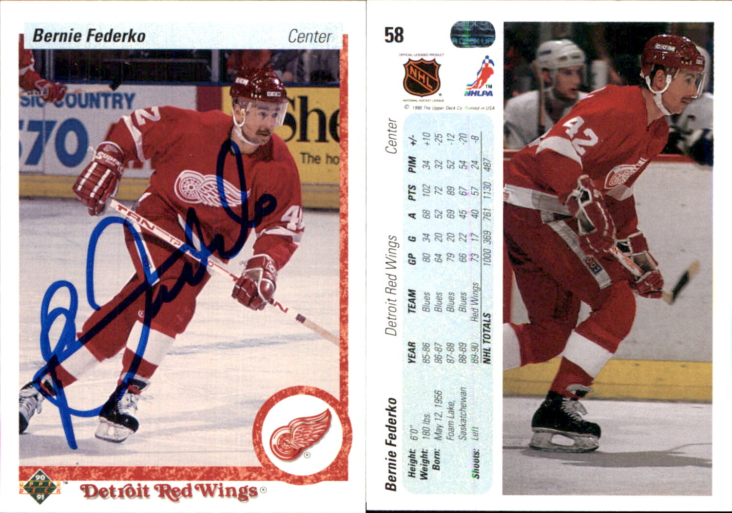 Bernie Federko Signed 1990-91 Upper Deck French #58b Card Detroit Red Wings