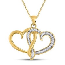 SOLID 10K YELLOW GOLD ROUND GENUINE DIAMOND DOUBLE JOINED HEART PENDANT 1/10 CTW