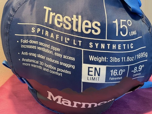 NEW Marmot Trestles 15° Sleeping Bag Insulated Water-Resistant Regular Left Zip - Picture 3 of 5
