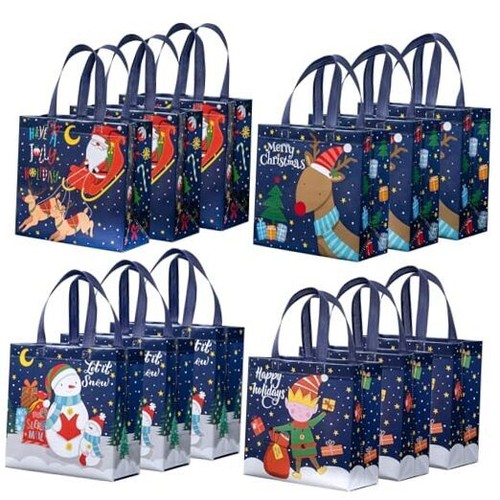 12 Pack Reusable Christmas Gift Bags - 10.5 x 5 Christmas - Dark Blue - 12 pcs