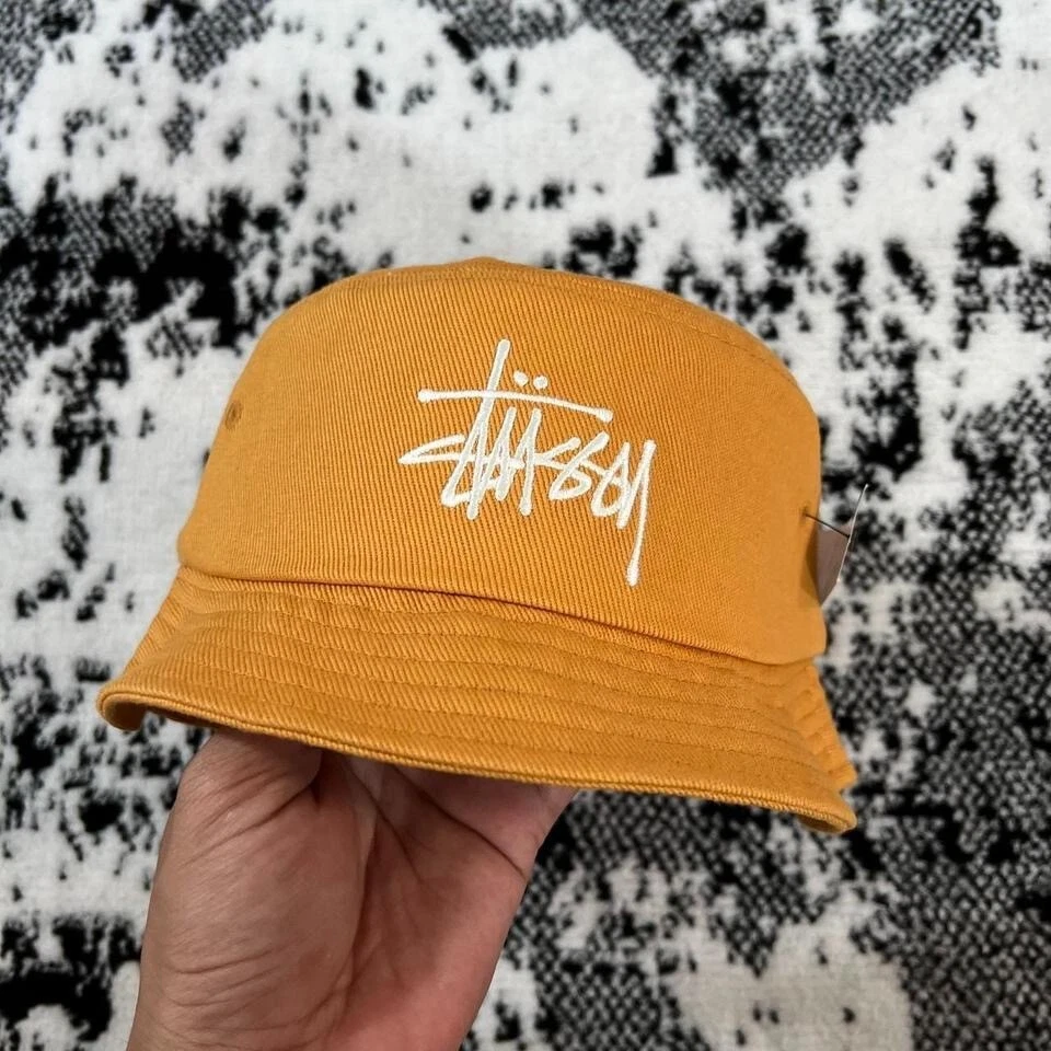 STUSSY BUCKET HAT BIG LOGO BUCKET HAT GOLD S/M SUMMER CAMPING OUTDOOR Y2K