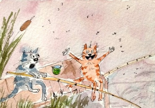 NEW! ACEO Watercolor Painting big CAT fishing Funny Original Art card signed