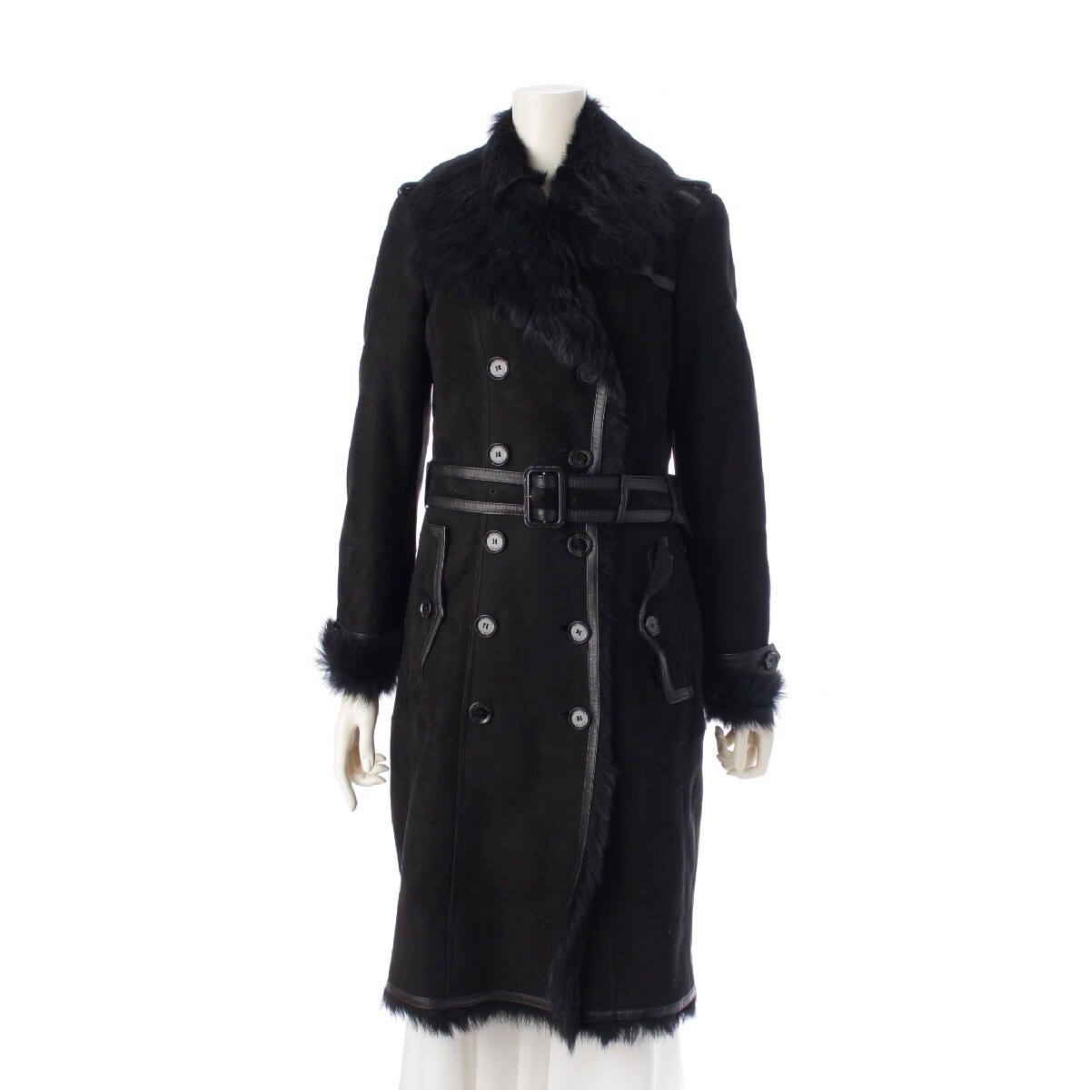 Burberry Lambskin Shearling Double-Breasted Belted Coat Black Size 8 Used