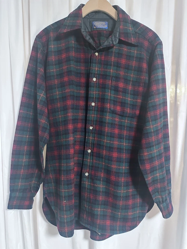 Camisa Pendleton Vintage Lã Lodge - Xadrez Verde Vermelho - Masculina Média - Imagem 3 de 4