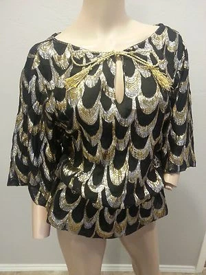 Trina Turk or Argent Lamé Métallique Pur Rétro Kimono Soie Haut Chemisier P S - Photo 1/4