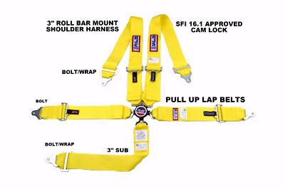 RJS SFI 16.1 PULL UP RACING HARNESS 5 POINT ROLL BAR MOUNT 3'' CAM LOCK YELLOW