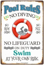 Pool Rules Sign Decor, Tin Metal Signs 8x12 No Diving No Running No Peeing Swim 