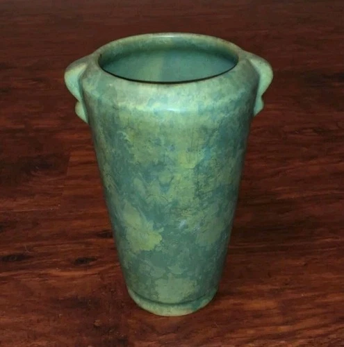 Vintage Weller American Studio Pottery  Art Deco Mottled Matte Green Vase 8"