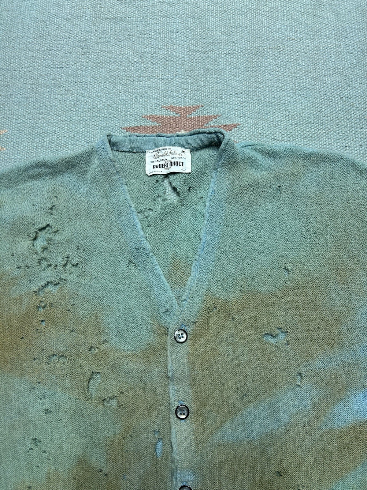 Vintage 70s cardigan sweater Robert Bruce Arnold Palmer thrashed zombie blue Lg