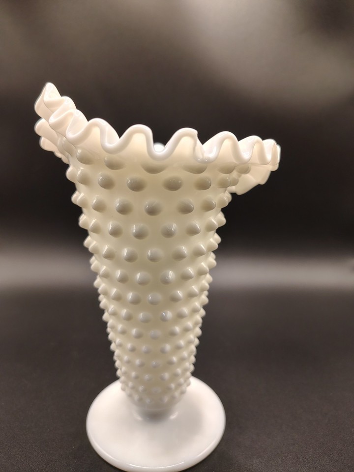 Scalloped Ruffled Rim Vtg Fenton Hobnail Milk Glass Pedestal Trumpet Vase Ruffled Double ...