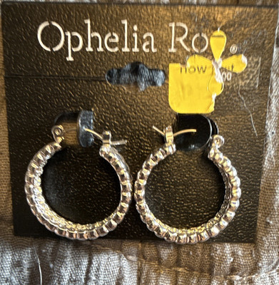 Ophelia Roe Silver Tone Textured Round Hoop Earrings Snap Closure No Stone
