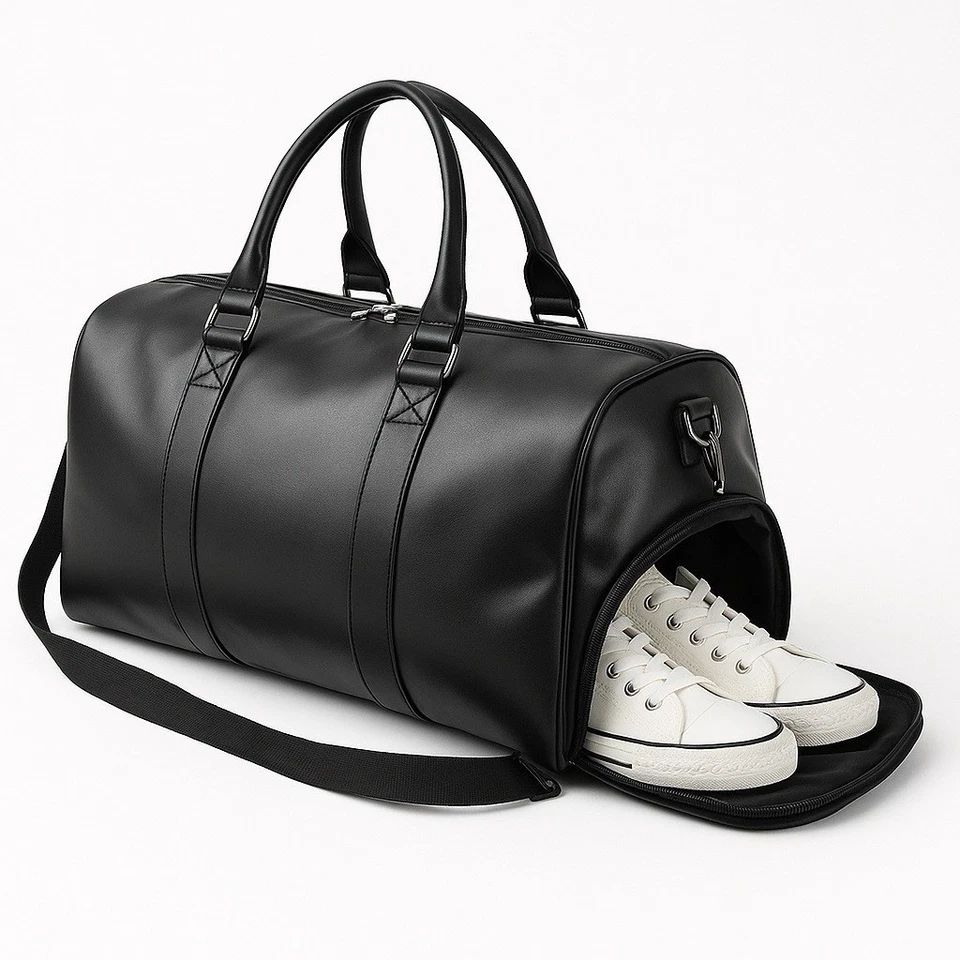 Luxury Black Leather Duffel Bag with Shoe Compartment - Image 2 of 2