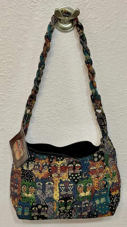 Bolso de hombro/cartera Laurel Burch multicolor tejido algodón tapiz cremallera con gatos Foto 4 de 4