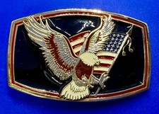 Patriotic USA American Flag Stars Stripes Flying Bald Eagle Enameled Belt Buckle