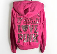 Victorias Secret Love PINK Bling Zip Hoodie Hot Pink Long Sleeve Sequin Womens L