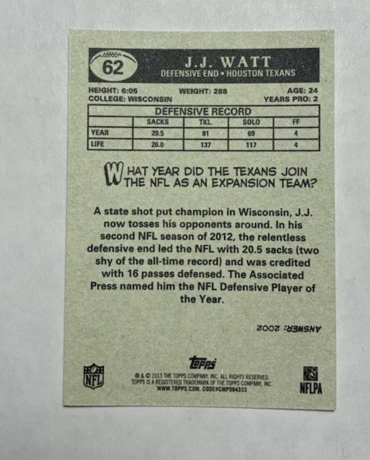 2013 Topps J.J. Watt Texans1959 Mini Football Insert Card #62 - Image 2 of 2