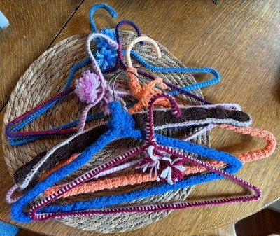 7 Vintage Yarn Crocheted/Wrapped  Clothes Hangers Multicolored Boho Granny Core