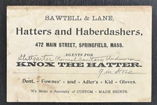 RARE 1890s SAWTELL & LANE HATTERS & HABERDASHERS SPRINGFIELD, MA - KNOX HATS
