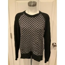 Michael Kors Black & Gray Herringbone Sweater W/ Rib Knit Trim, Size Small