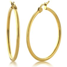 1.25" Stunning Stainless Steel Yellow Gold Plated Hoop Earrings 30mm Diameter