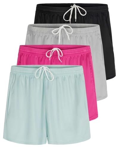 4 Pack: Womens Active Athletic Performance Mesh Shorts with Pockets