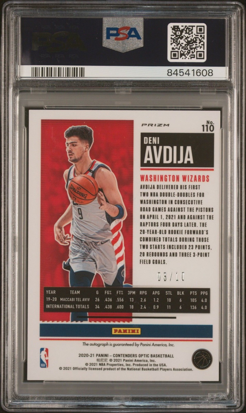 2020-21 Contenders Optic Gold SSP 3/10 Deni Avdija Rookie Auto #110 PSA 9 GS2 view 2