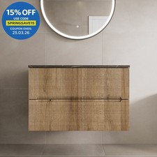 800mm Bathroom Vanity Unit Grey Marble Countertop Wall Hung Fluted Oak Unit