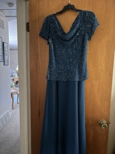 J Kara Teal Bead Sequin Mother of Bride Floor Length Dress Womens 10 Formal Gown