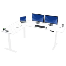 VIVO Electric 83x60 Standup Corner Desk, White Marble Dry Erase Top, White Frame