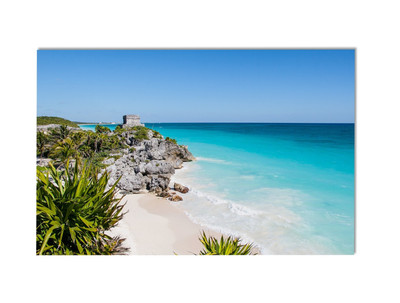 Tulum Beach Wall Art Print   Turquoise Caribbean Coastline with Ruins Poster