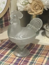 Vintage Glass Rooster - Chicken  Covered Candy Dish Clear Frosted, 9x7” No Chips