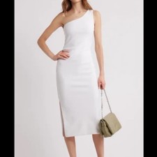 Open Edit | NEW White One Shoulder Ruched Slit Formal Midi Dress, Size XXS