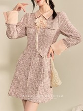 French Dress Women Long Sleeve Dress Slimming Fit Pink Luxury A-Line Party Dress