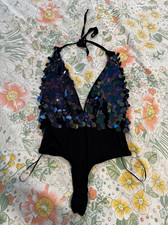 superdown Priscilla Sequin Halter Bodysuit One Piece Solid Iridescent Black XS