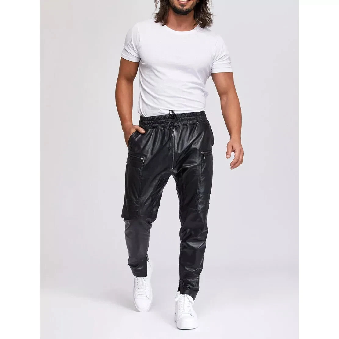Black Trousers Leather Handmade Joggers Genuine Leather Men's Black Pants