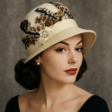 Vintage 50s Glenover Henry Pollak Feather Wool Cloche Hat Ivory Cream Rhinestone