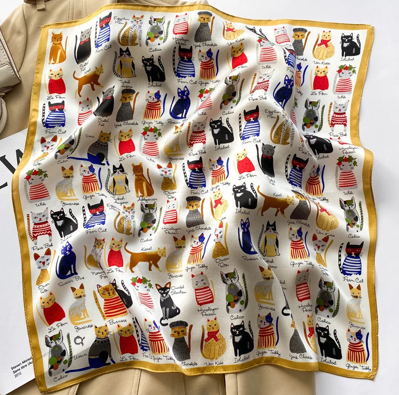 100% Mulberry Silk 20 "Square Scarf Women Neckerchief Wrap Cartoon Cat white - Image 2 of 4