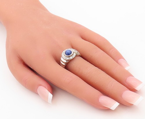 14K GOLD Vintage Ring Step Swirl Carved Diamonds & Blue Gemstone Sz 10 GR976 - 第 3/8 張圖片
