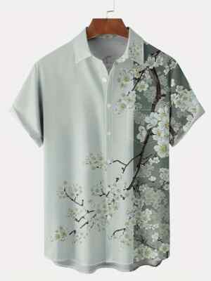 Button Up Shirt Men Cherry Blossom Light Green Floral Sakura Resort Stylish Down